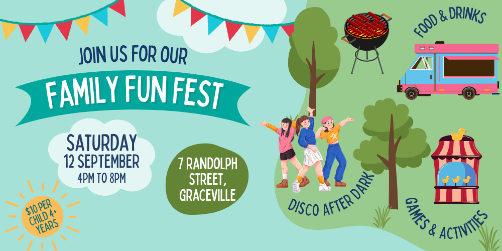 Promotional poster for a Family Fun Fest featuring food trucks, games, disco after dark, barbecue, bunting, trees, event details, location, date and cost.