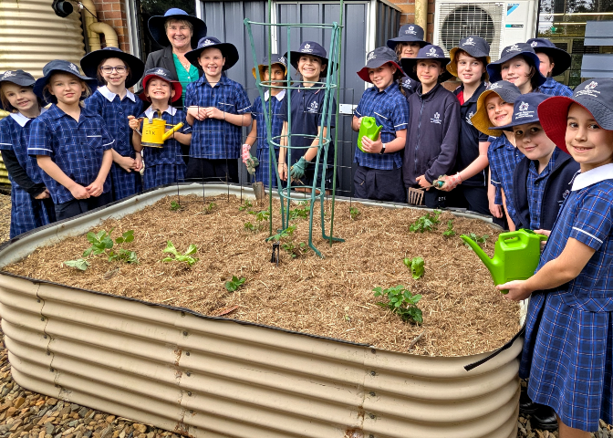 Students from Years 3-6 stand with Mrs Wright around a garden bed for Keep Australia Beautiful Week 2025