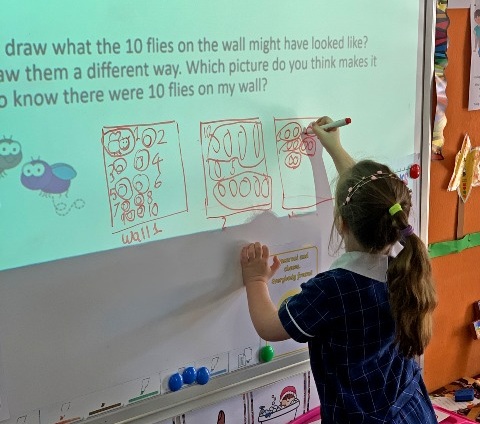 A CTK School student is writing on a whiteboard. She is completing a Maths problem.